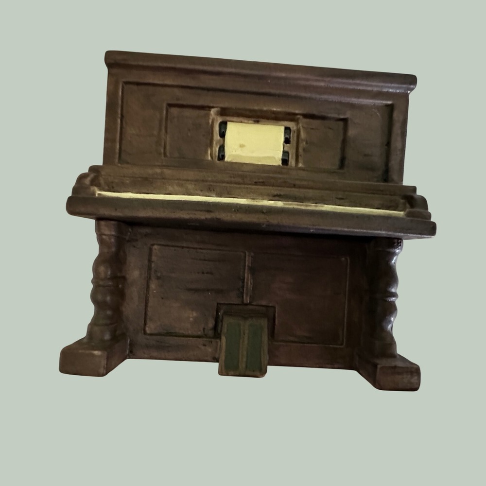 Vintage‎ Ceramic Upright Piano and Bench Figurine 2 Piece Set Brown Miniature